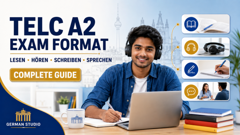 TELC A2 Exam Format covering Lesen, Hören, Schreiben and Sprechen