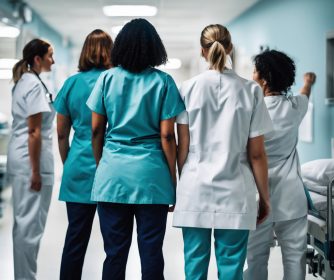 a photo of a diverse group of nurses standing together with their back towards us in a hospital in germany - realistic image